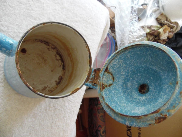 Vtg Blue & White Speckled Graniteware Enamelware 10" Tea Pot Coffee Gooseneck