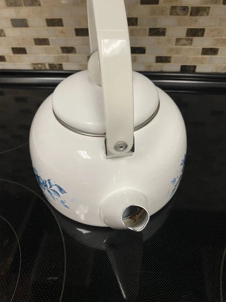 Vintage Enamel Lincoware Tea Pot Kettle White with Plastic Handle-Blue Flowers