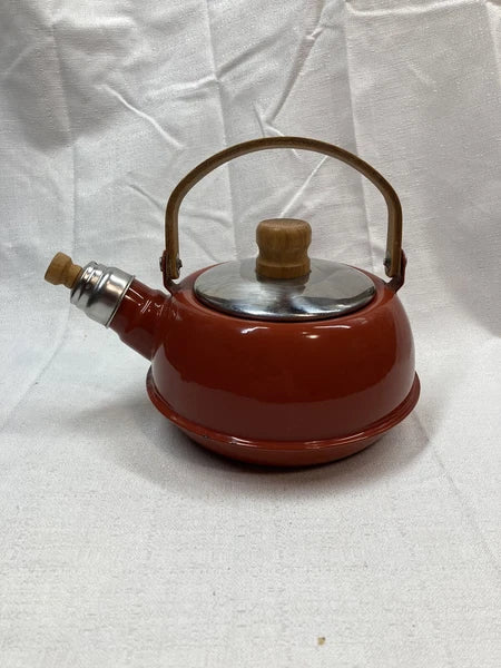 Vintage Teapot Kettle Brown MCM Retro Wooden Handle Japan Coffee Enamel
