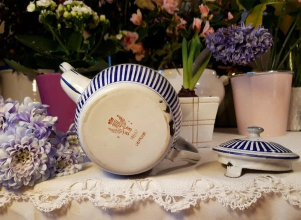 RARE antique enameled french teapot BB freres blue flowers stripes 1930 Art Deco