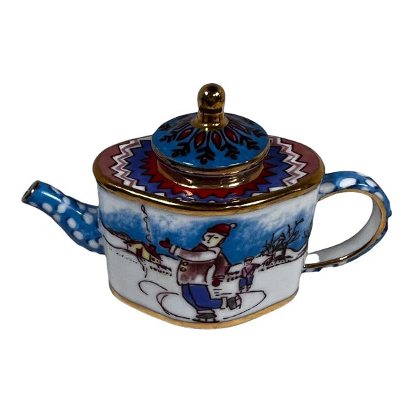 Miniature Ceramic Teapot Snowy Christmas Ice Skating Village Pond Mini Enamel