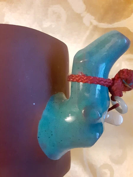 Chinese Yixing Clay Teapot w/Teal Enamel Handle & Winter Friends Signed