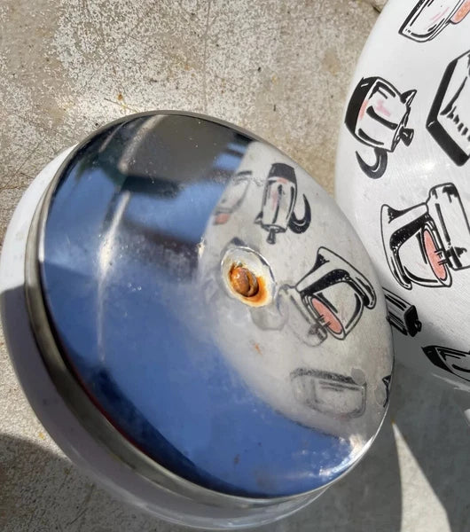 Vintage Retro Enamel Tea Pot Adorned With Pink Black 50’s Appliance Pictures