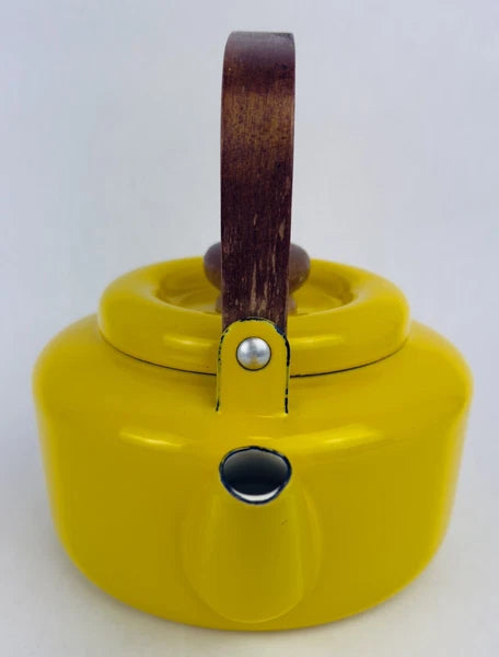Vintage Yellow Enamel Teapot Tea Kettle MCM Teak Wood Handle