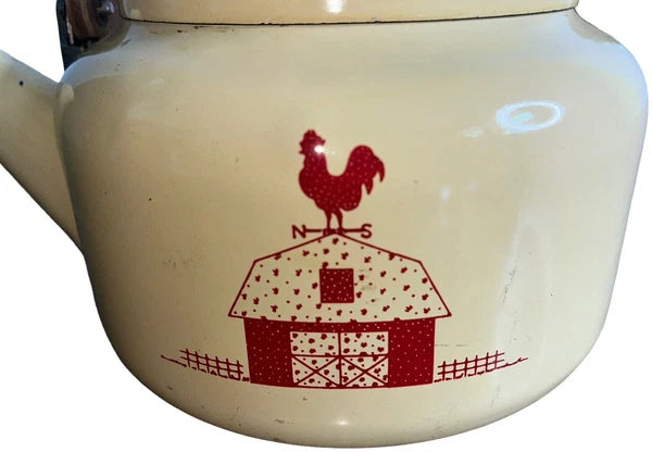 VTG Enamel Coated  Farmhouse Tea Kettle Wooden Handle Cream W/ Red Barn Rooster