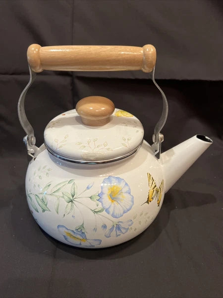 Lenox Butterfly Meadow Floral Enamel Tea Pot Teapot Kettle with Minor Issues