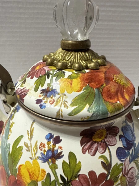 MacKenzie-Childs White Flower Market 3 Quart Qt Tea Kettle Enamel Teapot