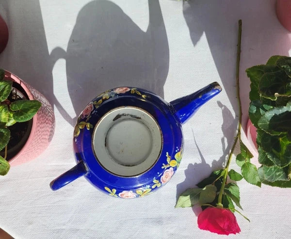 RARE antique enameled belgian Teapot Etoile PEN blue pink roses in relief 1920s