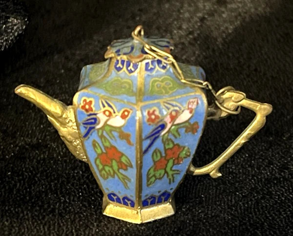 VTG  CLOISONNE ENAMEL ON BRASS HEXAGONAL TEA POT, BIRDS FLORAL pl