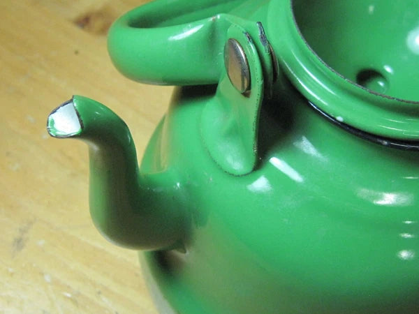 VTG GREEN ENAMEL WARE GRANITE TEAPOT METAL RUSTIC DECOR FARMHOUSE YUGOSLAVIA 14