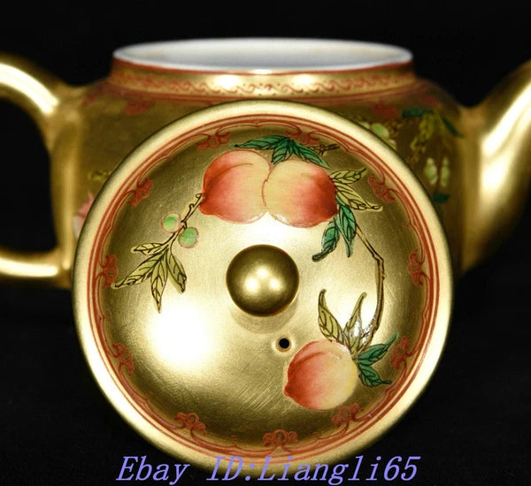 5.9" Old Qing Dynasty Enamel Colour Porcelain Gilt Peach Wine Tea Pot Flagon-