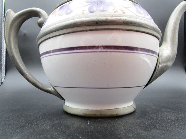 Graniteware enamel pewter teapot purple floral design Manning, Bowman Co.