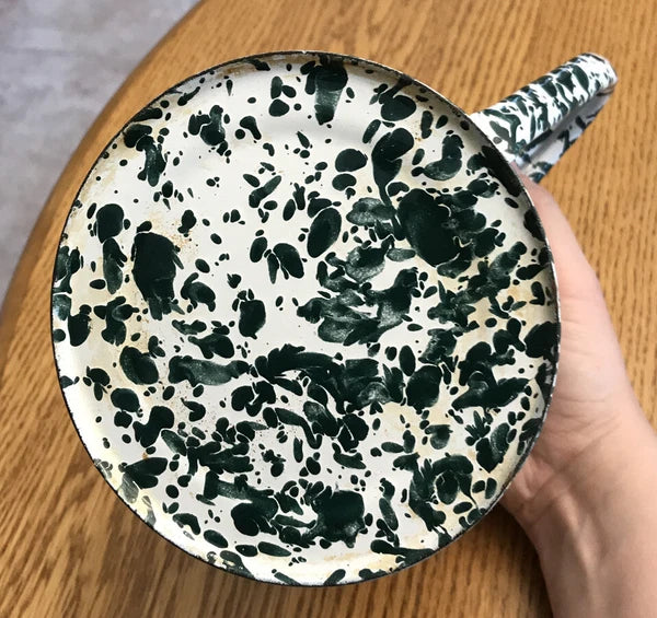 Green & White Speckled Enamel Lot Of 3 Coffee Tea Pot, Rectangle & Round Pan B38