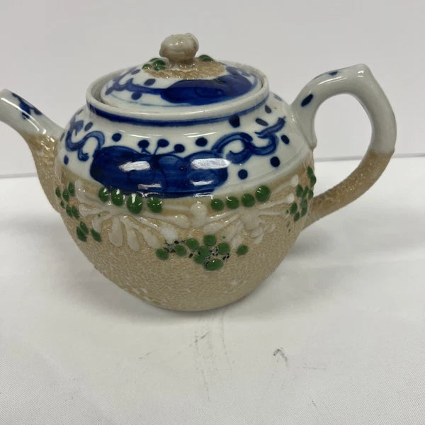 Japanese Pottery Impasto Enamel Decorated Teapot Early 1900's Lid Cracked