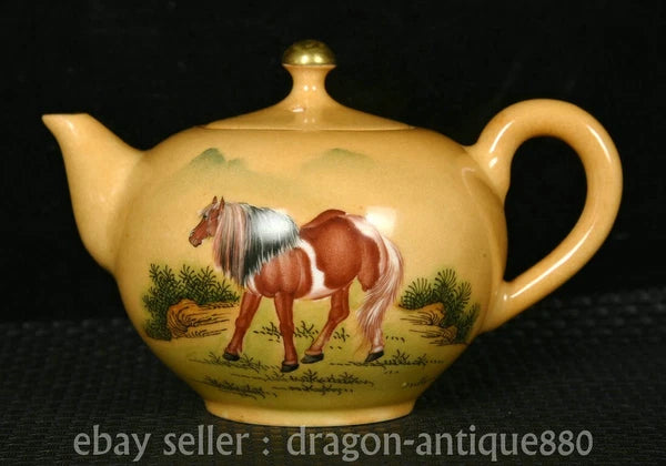 5.6" Old China Yongzheng Marked Colour Enamel Porcelain Horse Teacup Teapot Set