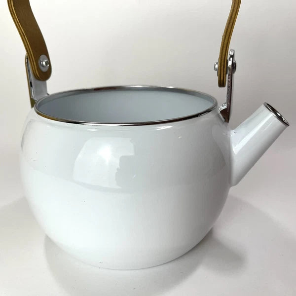 Vtg Enamel Tea Kettle With Pig And Plastic Corn Lid Handle Wood Handle