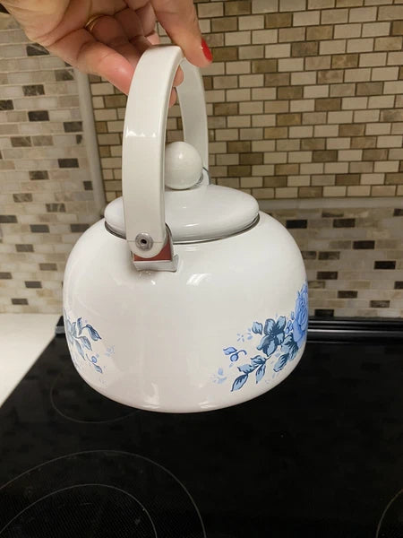 Vintage Enamel Lincoware Tea Pot Kettle White with Plastic Handle-Blue Flowers