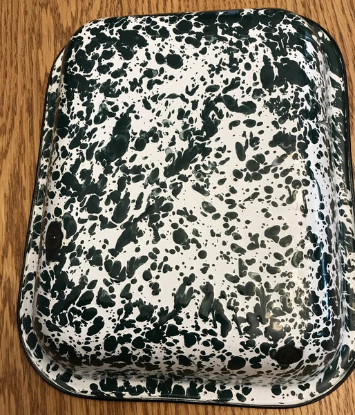 Green & White Speckled Enamel Lot Of 3 Coffee Tea Pot, Rectangle & Round Pan B38