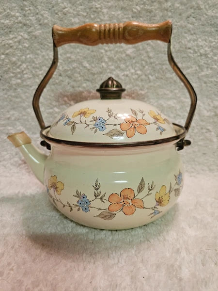 Vintage Saltera Himark Enamel RARE Teapot MCM  Floral Wooden Handle Kettle