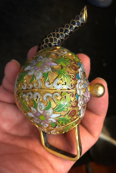 Vintage Cloisonne Enamel and Bronze Small "Pumpkin" Teapot, Black Tip, Pink Top