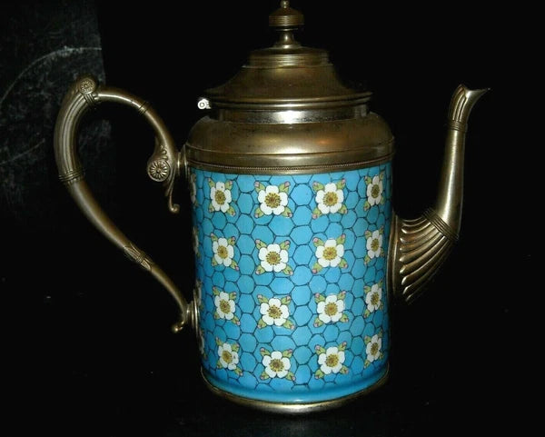 Pewter-Trimmed Blue & White Graniteware APPLE BLOSSOM Teapot - Enamel Ware