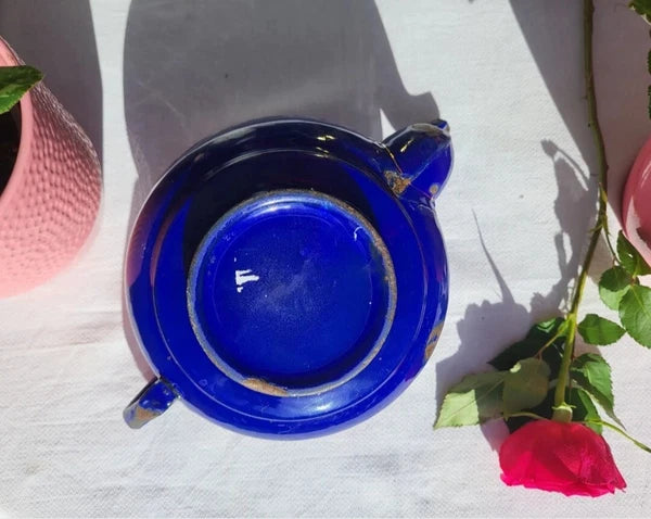 RARE antique enameled belgian Teapot Etoile PEN blue pink roses in relief 1920s