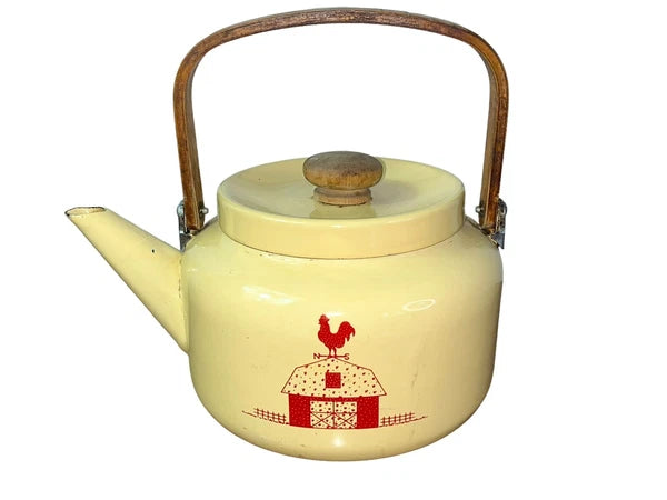 VTG Enamel Coated  Farmhouse Tea Kettle Wooden Handle Cream W/ Red Barn Rooster