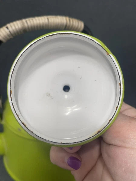 Teapot Vintage BRIGHT Green Enamel W Black Rattan Handle Granny Core Groovy