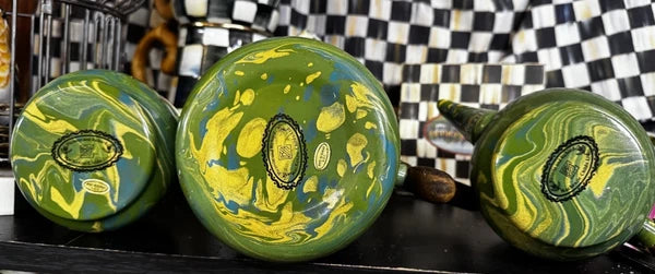 MacKenzie Childs Stacked Camp Green Swirl Enamel Teapot Cream & Sugar High tea