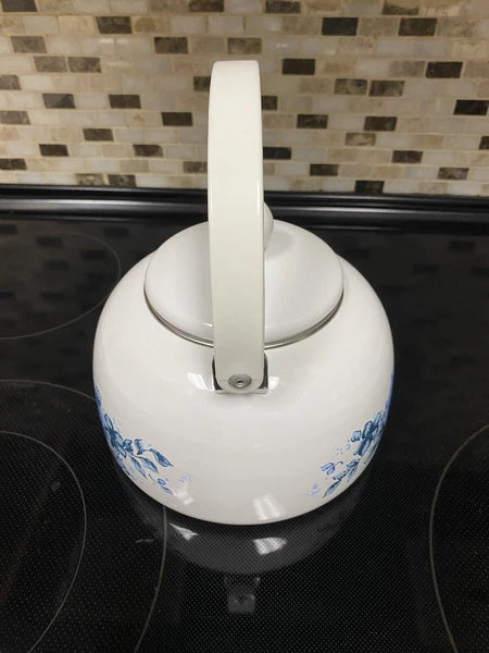 Vintage Enamel Lincoware Tea Pot Kettle White with Plastic Handle-Blue Flowers
