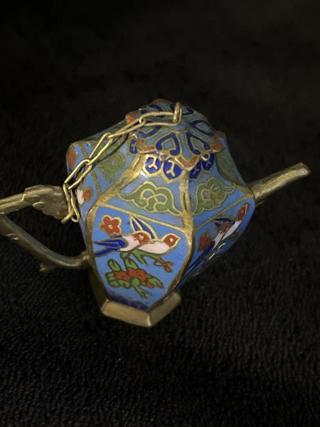 VTG  CLOISONNE ENAMEL ON BRASS HEXAGONAL TEA POT, BIRDS FLORAL pl