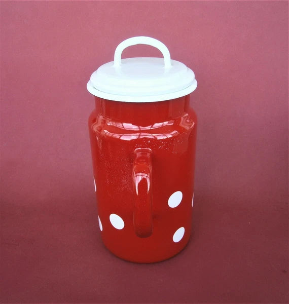 Vintage Munder Email Enamel Tea Pot Red Water Jug with Lid Polka Dots Germany