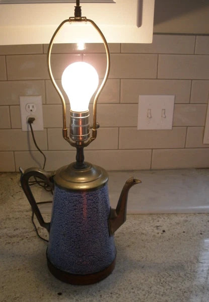 Vintage Enamel & Metal Blue Coffee Tea Pot Electric Lamp 21" Tall WORKS