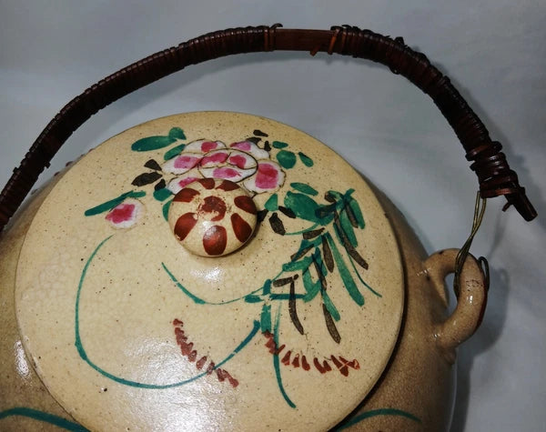 Antique Japanese Yellow Ware Ceramic Famille Rose Raised Enamel Teapot