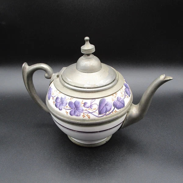 Graniteware enamel pewter teapot purple floral design Manning, Bowman Co.