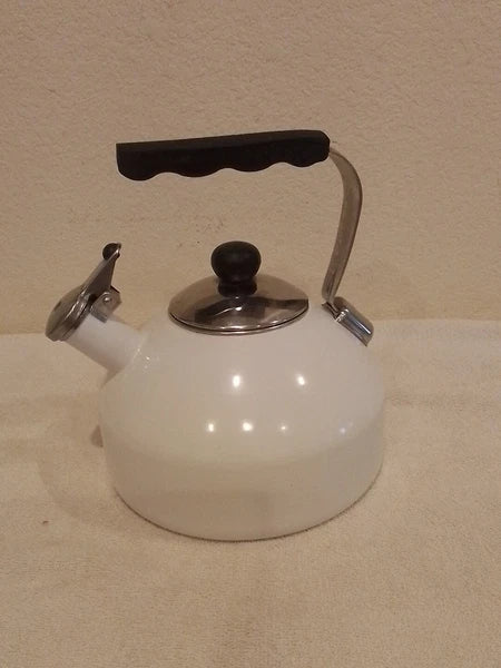 Vintage Whistling White Tea Kettle Tea Pot Enamel On Steel