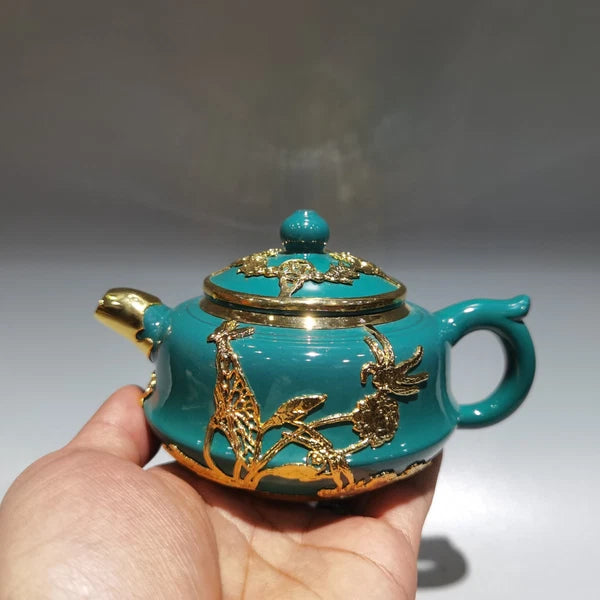 5.5" China Yixing Zisha Pottery Colour Enamels Red Clay 260CC Gild Flower Teapot