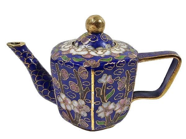 Enamel Cloisonne Miniature Blue Flower Teapot Figure