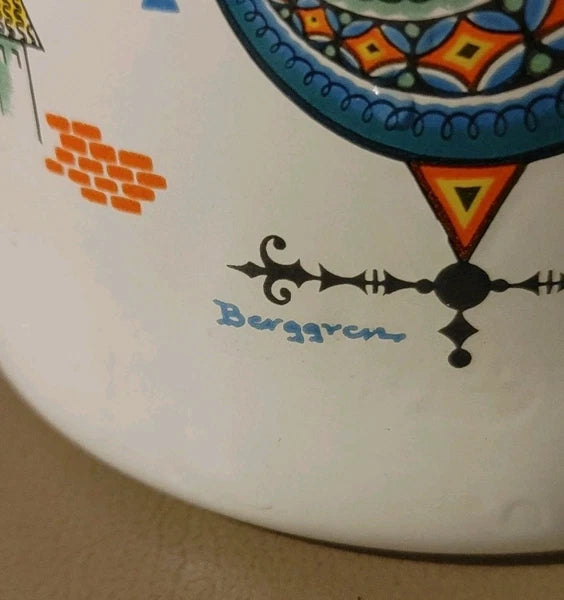 Vintage BERGGREN Enamel Coffee Pot Kettle Swedish Rooster Flower EXQUISITE Shape