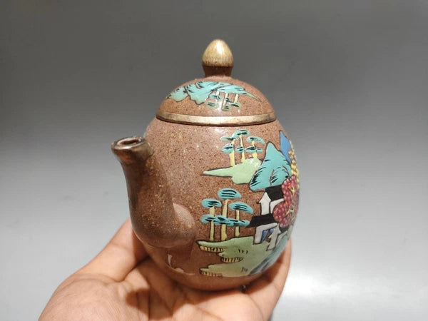 Purple Clay Tea Set Teapot Kettle Ceramic Carving Enamel Dragon Egg Landscape