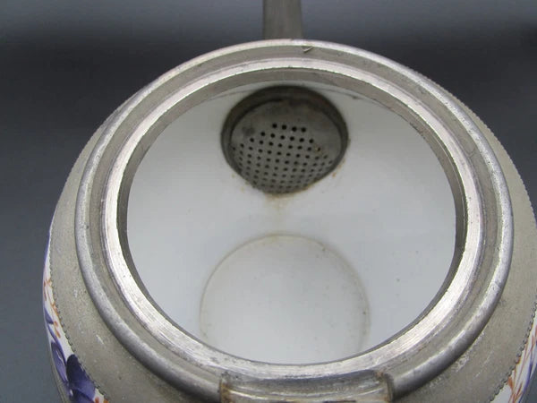 Graniteware enamel pewter teapot purple floral design Manning, Bowman Co.