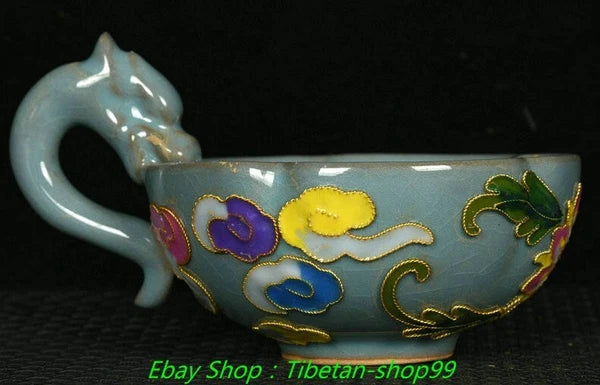 7''Old Song Ru Kiln Enamel Colour Porcelain Crane Wine Cup Tea Pot Flagon Set