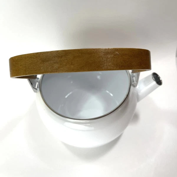 Vtg Enamel Tea Kettle With Pig And Plastic Corn Lid Handle Wood Handle