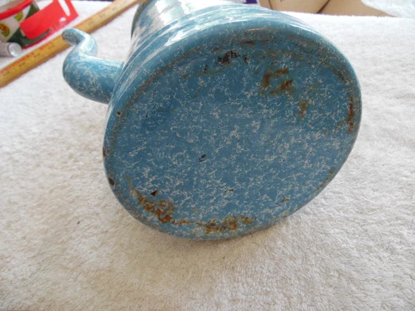 Vtg Blue & White Speckled Graniteware Enamelware 10" Tea Pot Coffee Gooseneck