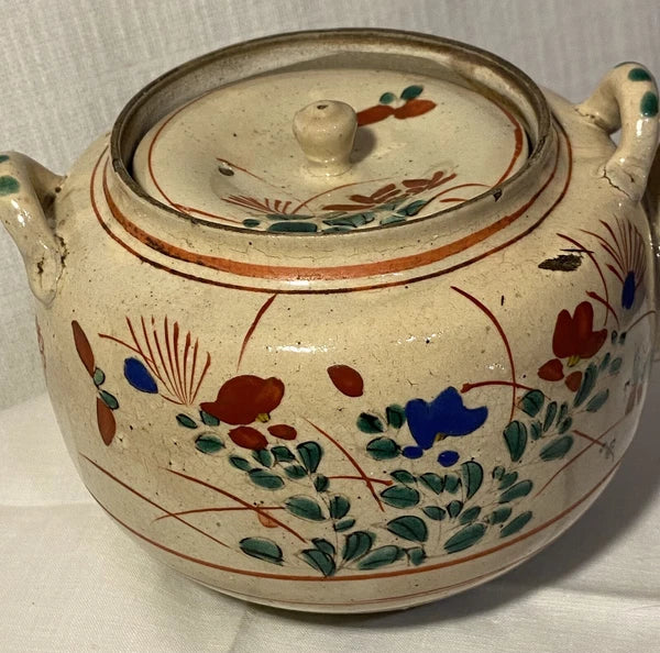 Antique Japanese Yellow Ware Ceramic Famille Rose Raised Enamel Teapot Signed