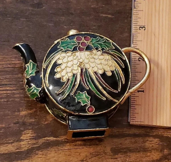 Miniature Decorative Enamel Teapot Black Gold Red Green Cloisonne Holly Berry