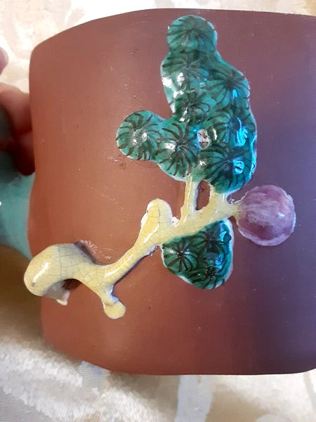 Chinese Yixing Clay Teapot w/Teal Enamel Handle & Winter Friends Signed