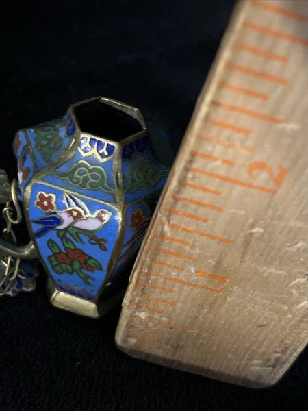 VTG  CLOISONNE ENAMEL ON BRASS HEXAGONAL TEA POT, BIRDS FLORAL pl