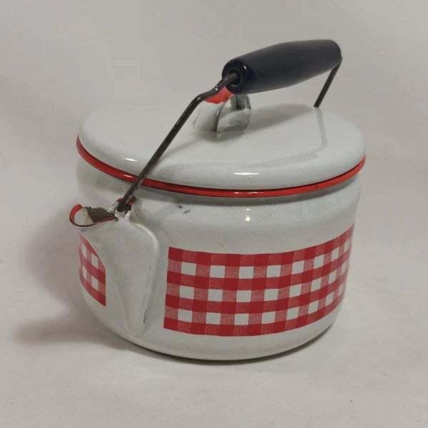 Enamelware Red White Gingham Check Teapot Kettle Metal Rustic Farmhouse Decor