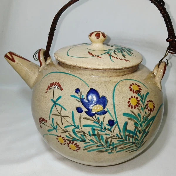 Antique Japanese Yellow Ware Ceramic Famille Rose Raised Enamel Teapot